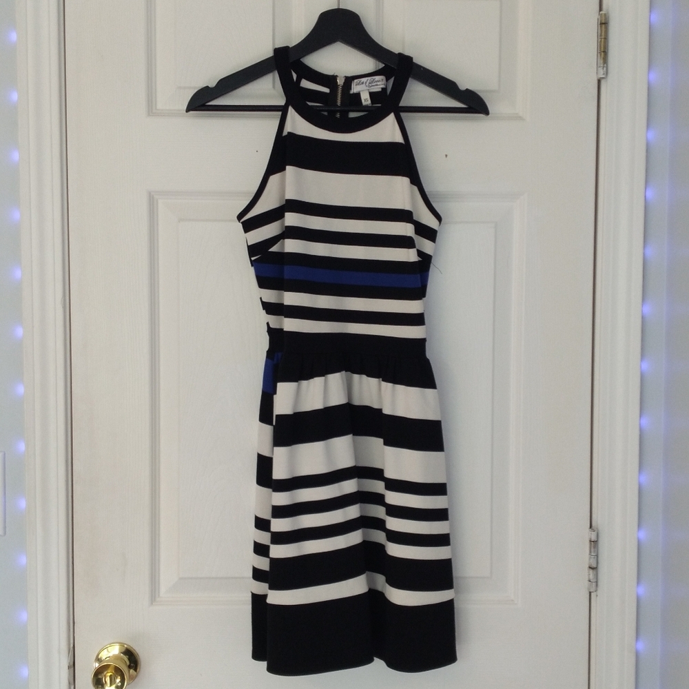 Striped Black and White Dress with Blue Accent EUC